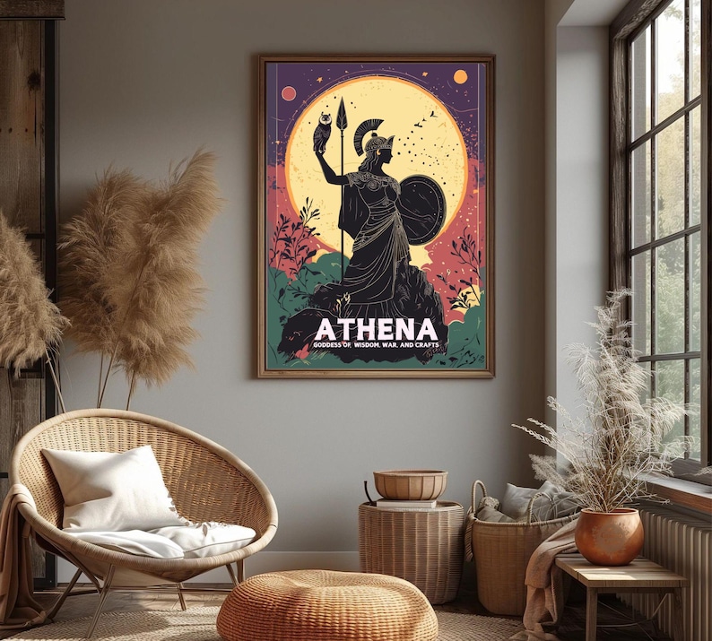 Athena print showcased in a modern setting with a wicker chair, surrounded by natural light and earthy decor.