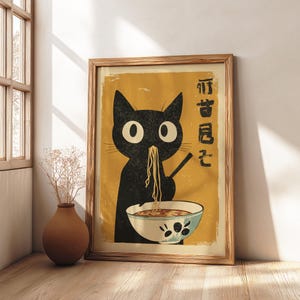 Black cat eating ramen noodles in a vintage Japanese-style art print, humorous kitchen wall decor.