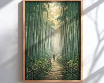 Bambuskogsaffisch, japansk träsnittsstil, zen-naturtryck, ensamresande stigdekor, japansk heminredning