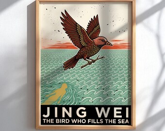 Jing Wei Fills the Sea Poster, Chinese Folklore Wall Art, Chinese Mythology Print, Bird Spirit Decor
