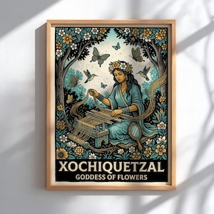 Xochiquetzal Blommornas Gudinna Poster, Aztekisk Mytologi Väggkonst, Mesoamerikansk Gudinna Tryck, Blommig Naturdekor