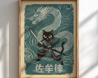 Samurai Cat & Dragon Art Print: Japanese Ukiyo-e Poster