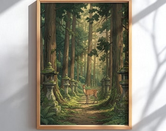 Nara Park Deer Poster, Japansk skogsväggkonst, Träblocktryck med helig hjort, Fridfullt djurliv och naturdekor
