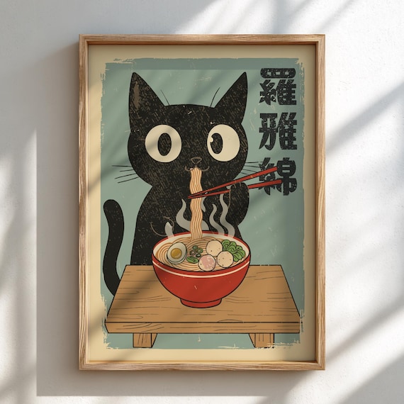 Ramen Cat Poster: Funny Ukiyo-e Japanese Kitchen Art Print - MULTIPLE COLORS