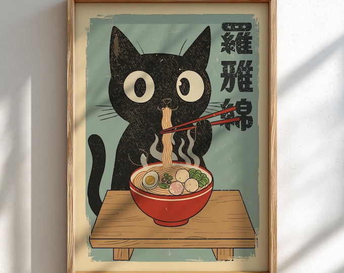 Ramen Cat Poster: Funny Ukiyo-e Japanese Kitchen Art Print - MULTIPLE COLORS