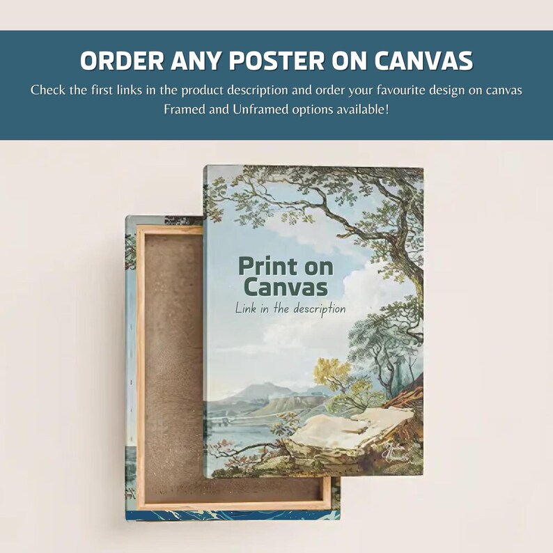 Op de afbeelding: Een canvasprint van een landschapsschilderij met een meer en bomen. De print is ingelijst en bevat de tekst "Print on Canvas" en "Link in the description".