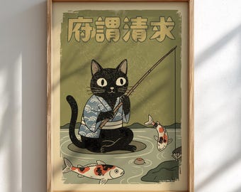 Cat Fishing Koi Art Print: Japanese Ukiyo-e Style Poster