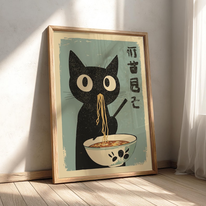 Black cat eating ramen noodles in a vintage Japanese-style art print, humorous kitchen wall decor.