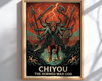 Chiyou The Horned War God Poster, Chinese Mythology Wall Art, Chinese Legend Print, Dark Fantasy Decor
