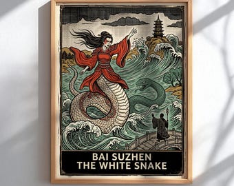 Bai Suzhen The White Snake Poster, Chinese Folklore Wall Art, Chinese Mythology Print, Romance Decor