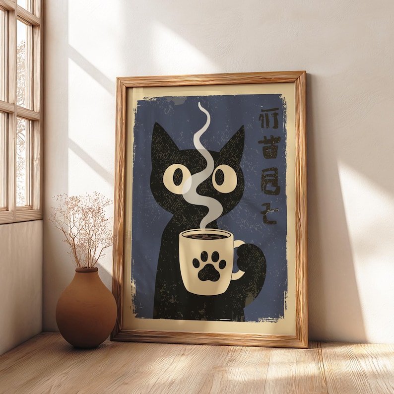 Black Cat Drinking Coffee Poster: Japanese Coffee Art Print