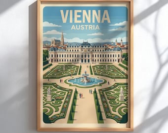 Könnte beinhalten: Ein gerahmtes Reiseplakat mit einer stilisierten Illustration des Belvedere-Schlosses in Wien, Österreich. Das Bild zeigt einen symmetrischen Garten mit einem zentralen Brunnen, gepflegten Hecken, Statuen und dem Text VIENNA AUSTRIA oben.