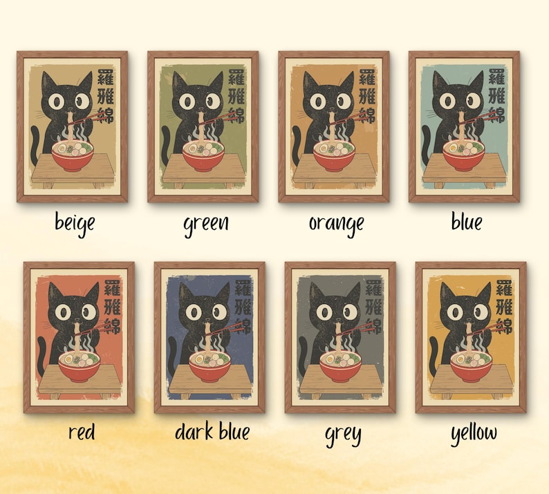 Ramen Cat Poster, Japanese Food Lover Art Print, Multiple colours