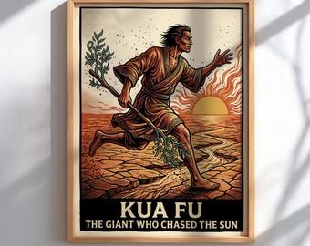 Kua Fu Chasing the Sun Poster, Chinese Folklore Wall Art, Chinese Mythology Print, Epic Legend Decor