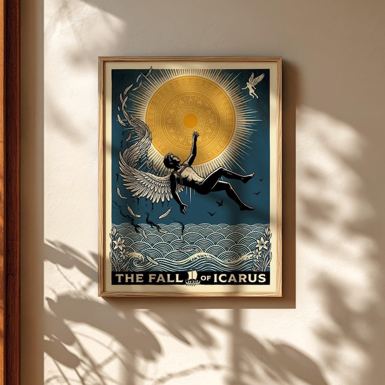 The Fall of Icarus Greek mythology poster, featuring a man falling with melting wings near a sun and waves.