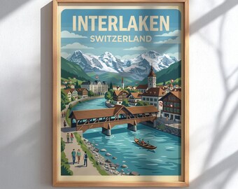 Interlaken Switzerland Travel Poster - Alpine Landscape Wall Decor
