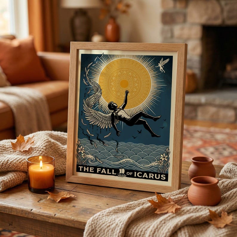 The Fall of Icarus Greek mythology poster, featuring a man falling with melting wings near a sun and waves.