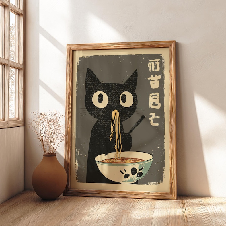 Black cat eating ramen noodles in a vintage Japanese-style art print, humorous kitchen wall decor.
