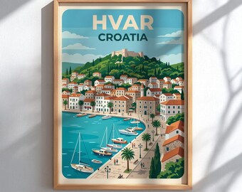 Hvar Croatia Travel Poster - Mediterranean Coastal Wall Decor