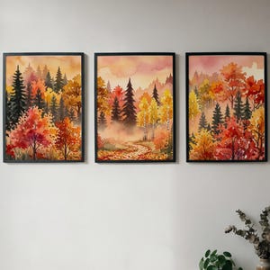 Höstskogstriptyk, set med 3 akvarelltryck, skogsväggkonst, minimalistisk inredning