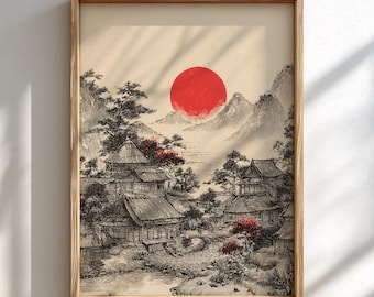 日本の墨絵山水画 - 禅の風景画ウォールアート - 赤い太陽の墨絵