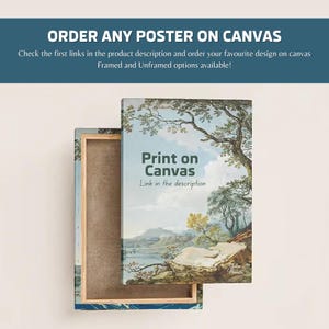 Puede incluir: Una impresi&oacute;n en lienzo de una pintura de paisaje con un lago y &aacute;rboles. La impresi&oacute;n est&aacute; enmarcada y tiene el texto "Print on Canvas" y "Link in the description".