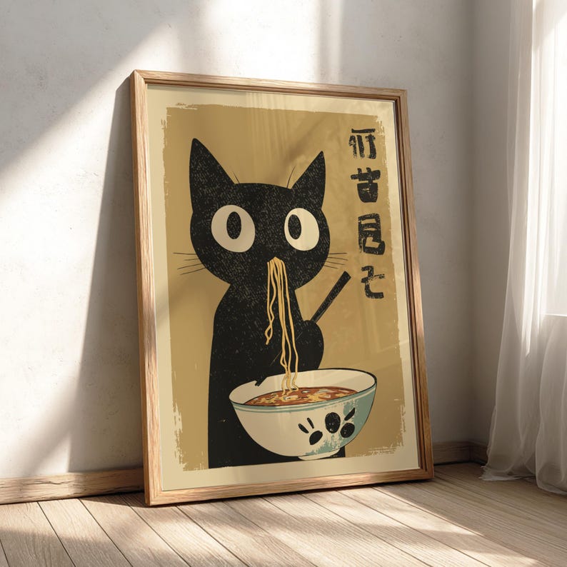 Black cat eating ramen noodles in a vintage Japanese-style art print, humorous kitchen wall decor.