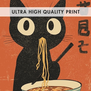 Funny illustration of a black cat slurping noodles, retro Japanese-inspired poster for cat lovers and foodies.