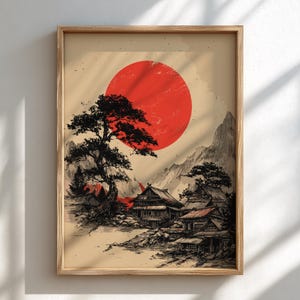 Japanese Landscape Art Print: Red Sun & Pine Tree Woodblock Style