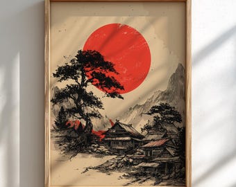 Japanese Landscape Art Print: Red Sun & Pine Tree Woodblock Style