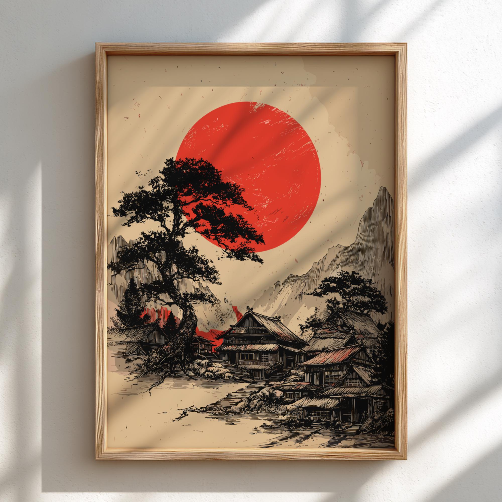 Japanese Landscape Art Print: Red Sun & Pine Tree Woodblock Style