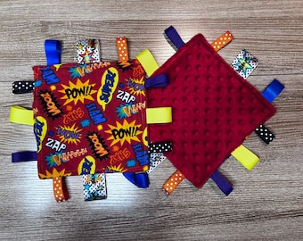Superheroes Handmade Crinkle Toy, Soft Sensory Tag Blanket