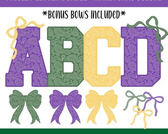 Purple, Green and Yellow/Gold Paisley Alphabet Bundle, All Caps Varsity Letters with Scalloped Edges and Bonus Bows Included