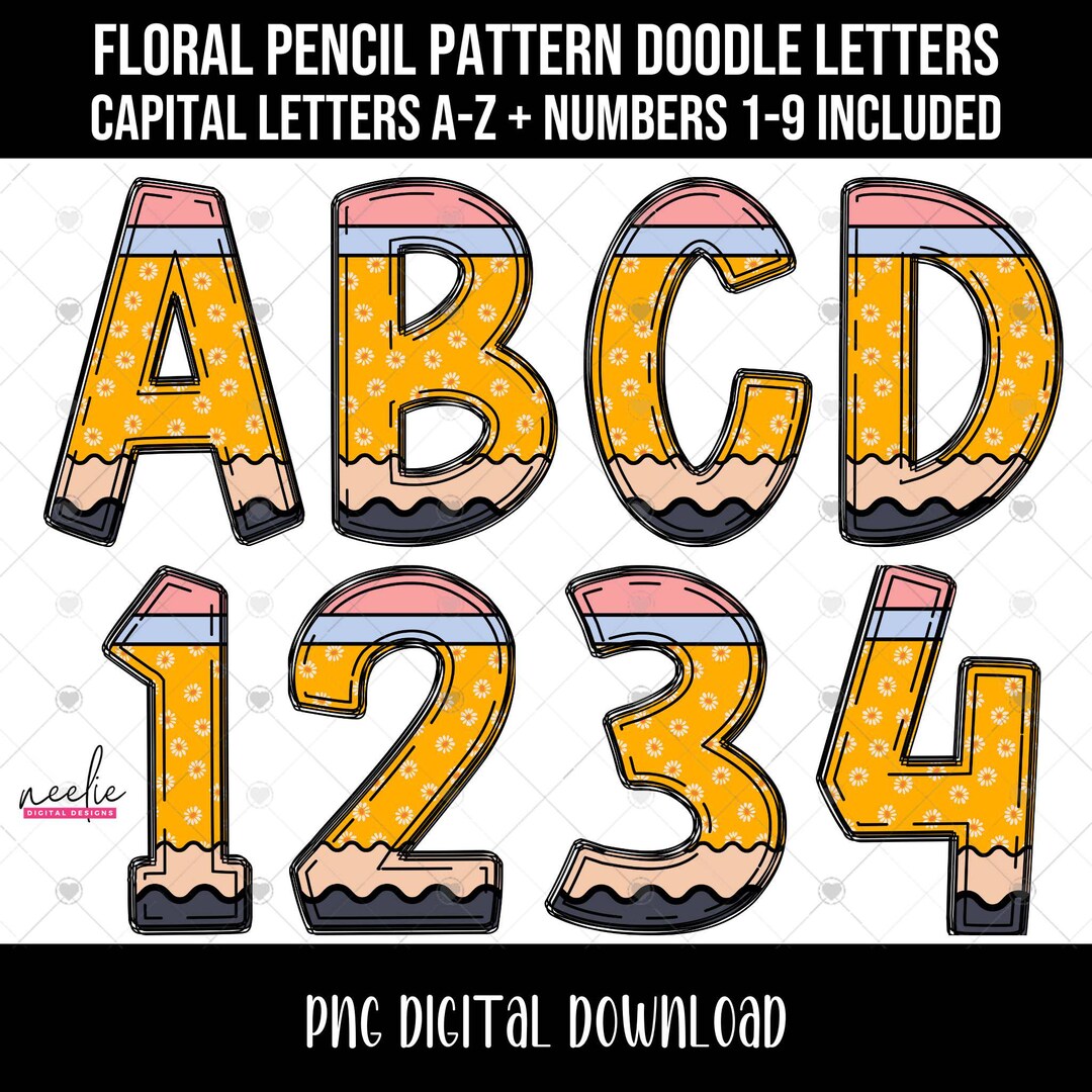 Floral Pencil Doodle Alphabet & Numbers PNG Bundle, Teacher Back to ...