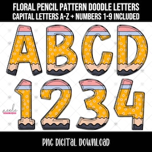 Floral Pencil Doodle Alphabet & Numbers PNG Bundle, Teacher Back to School Doodle Letter PNG Files, Trendy Alphabet Clipart Digital Download