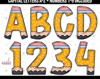 Floral Pencil Doodle Alphabet & Numbers PNG Bundle, Teacher Back to School Doodle Letter PNG Files, Trendy Alphabet Clipart Digital Download