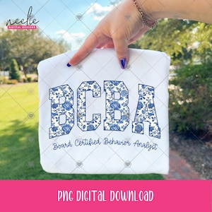 BCBA Floral PNG, Blue Varsity Flower Letters Design for Board Certified Behavior Analyst Shirt for Sublimation or Digital Download for DTF