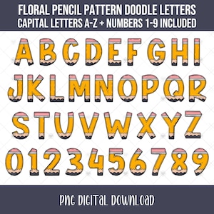 Pencil Alphabet & Numbers PNG Bundle, Teacher Back to School Doodle Letter PNG Files, Trendy Alphabet Clipart Digital Download