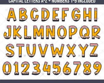 Pencil Alphabet & Numbers PNG Bundle, Teacher Back to School Doodle Letter PNG Files, Trendy Alphabet Clipart Digital Download