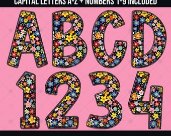 Dark Ditsy Floral Doodle Alphabet and Numbers PNG Bundle, Colorful Doodle Letter PNG Files, Trendy Floral Alphabet Clipart Digital Download