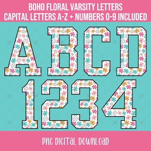 Boho Flower Varsity Letters, University Sports Letters Retro Floral Alphabet and Number Bundle PNG Files