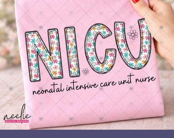 NICU Boho Floral Letters PNG file, Retro Flower Doodle Letter Design for Neonatal Intensive Care Unit Nurse, Sublimation PNG for Nurse Shirt