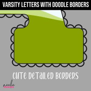 K&ouml;nnte beinhalten: Ein digitales Design mit einem limettengr&uuml;nen Rechteck und einem schwarzen, wellenf&ouml;rmigen Rand auf grauem Hintergrund. Der Text "VARSITY LETTERS WITH DOODLE BORDERS" steht oben und "CUTE DETAILED BORDERS" unten. Das Design enth&auml;lt ein Logo.