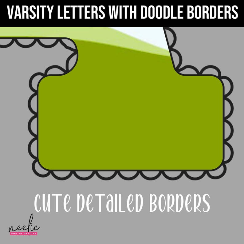 K&ouml;nnte beinhalten: Ein digitales Design mit einem limettengr&uuml;nen Rechteck und einem schwarzen, wellenf&ouml;rmigen Rand auf grauem Hintergrund. Der Text "VARSITY LETTERS WITH DOODLE BORDERS" steht oben und "CUTE DETAILED BORDERS" unten. Das Design enth&auml;lt ein Logo.