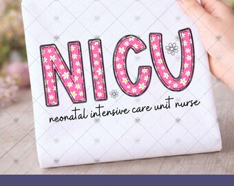 NICU Flowers Letters PNG file, Pink with White Flowers Doodle Letter Design for Neonatal Intensive Care Unit Nurse, Sublimation PNG Nurse