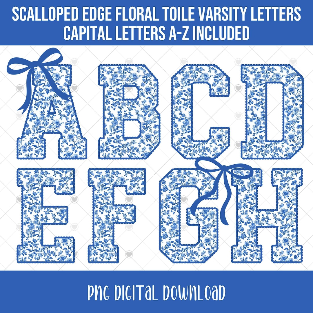 Blue Floral Toile Varsity Letters With Scalloped Edges, Alphabet PNG ...