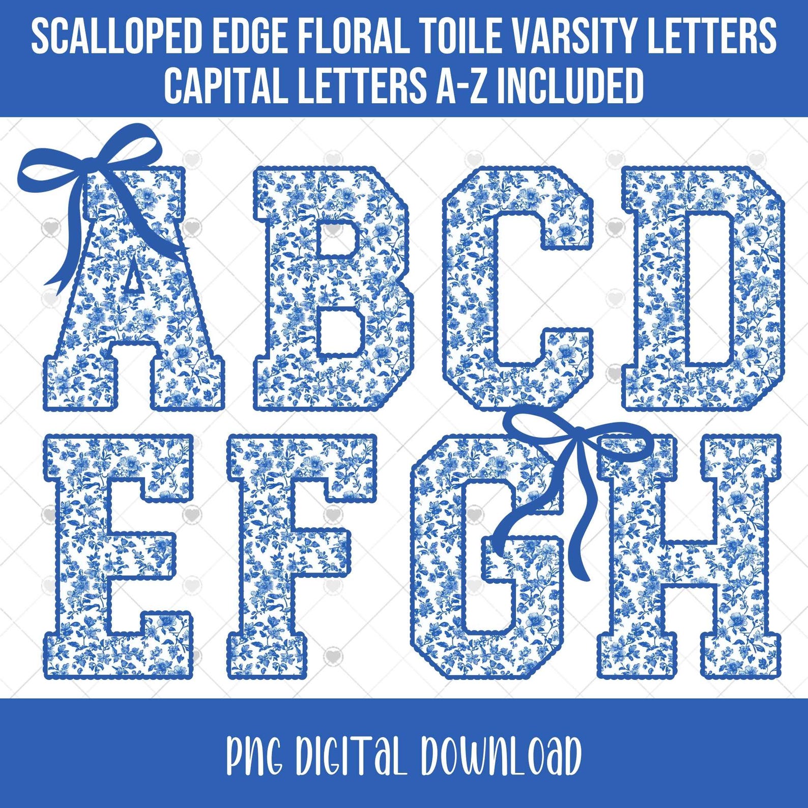 Blue Floral Toile Varsity Letters With Scalloped Edges, Alphabet PNG ...