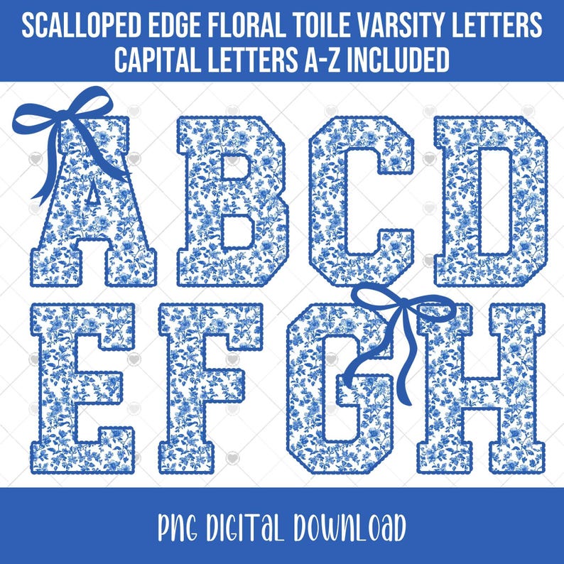 Blue Floral Toile Varsity Letters With Scalloped Edges, Alphabet PNG ...