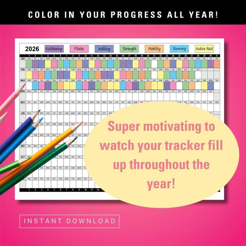 2026 Workout Tracker Daily Yearly Calendar, Coloring Exercise Log, Habit Tracker, Color-in Yearly Fitness Calendar, Work Out Fitness Planner image 3