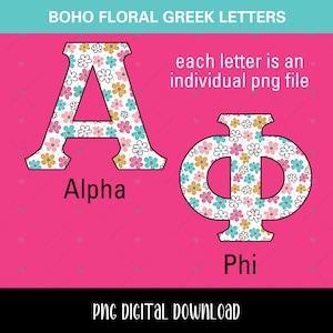 Greek Letters Alphabet PNG Bundle, Trendy Boho Floral College Sorority Greek Letters Clipart, Preppy Flower Sorority Shirt Gift Graphics